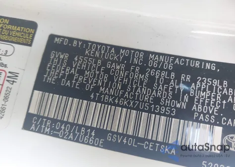 2007 Toyota Camry Se V6 z USA, uszkodzony, nr VIN 4T1BK46KX7U513953